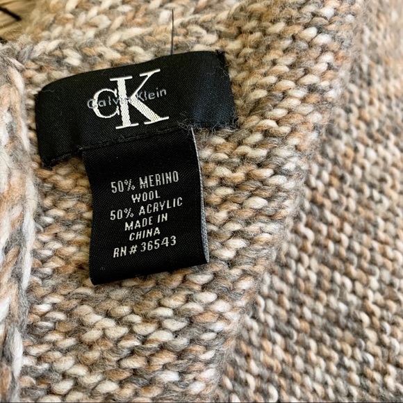 CK Calvin Klein | Peppered Tan Gray White Merino Wool Blend Knit Scarf - Picture 3 of 4